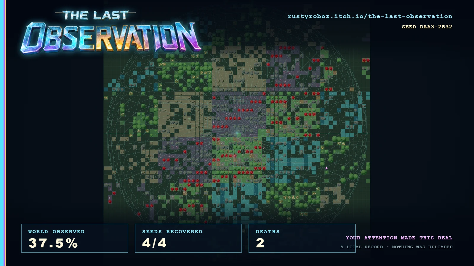 A completed run records the world, four recovered Seeds and the player's deaths